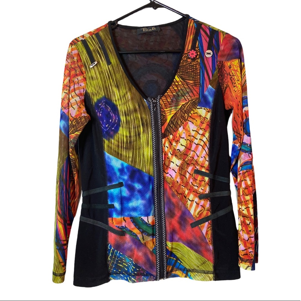Bali lined v-neck funky multicolor abstract zip up ladies top small